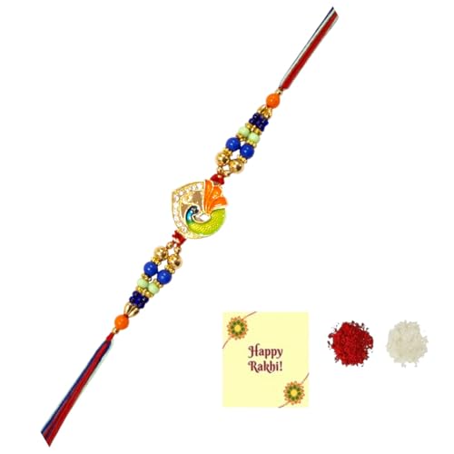 DMS RETAIL Multicolor Designer Peacock Rakhi with Roli Chawal Pack - Rakhi for Brother, Bhaiya, Bhai