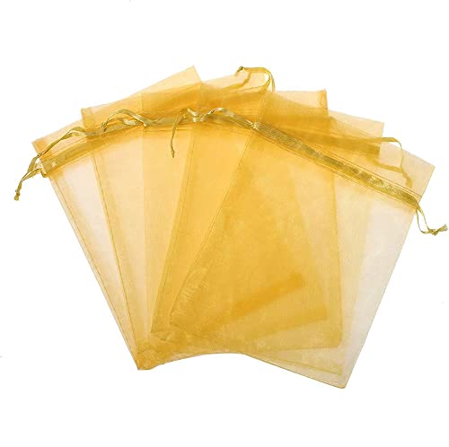 DMS RETAIL Plain Non Printed Clear - Organza Favor Jewellery Pouch, Shagun Potli Bags Drawstring Pouches For Wedding Plain Organza Bag Pouches Sheer Candy 13X18 CMS Pack Of 30 Bags (GOLDEN)