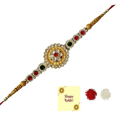 Multicolor Beautiful Floral Designer Kundan Rakhi with Roli Chawal