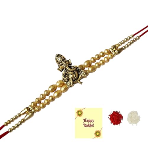 DMS RETAIL Pearl Beads Studded Cute Liittle Ganesh Designer Rakhi With Roli Tilak And Greetings Card