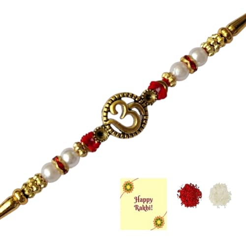 DMS RETAIL Delicate Om Rakhi For Brother Bhaiya Bhabhi Raksha Bandhan Gift Band Moli Bracelet Stone Pearl Rakhi With Roli Tilak