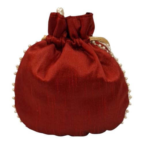 DMS RETAIL Potli | Beadwork Pear Wedding Potli | Beads Handle Potli | Wallet Potli | Christmas Gift Potli | Baby Shower Potli | Lucknowi Potli | Embroidery Potli (MAROON)