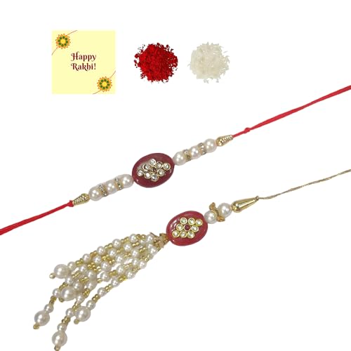 DMS RETAIL Bhaiya Bhabhi Meenakari Pearl Couple Rakhi Set| Couple Rakhi| Kundan Rakhi Raksha Bandhan Greeting CardRakhi For Brother Rakhi Gift Set Rakhi Combo Bhaiya Rakhi Combo Rakhi Set of 1