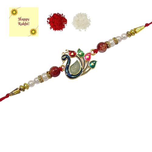 DMS RETAIL Peacock Feather Designer Bhaiya Bhabhi Rakhis with Roli Chawal Pack and Raksha Bandhan Greeting Card - Rakhi for Brother, Bhaiya, Bhai - Lumba Rakhi for Bhabhi, Sister Set Of 3