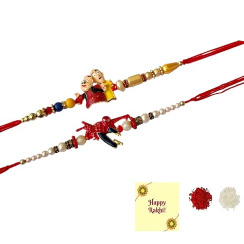 Motu Patlu and Spider Man Rakhi , Rakhi for Kids Brother, Rakhi Set of 2 for Brother Boys Baby Kids, Designer rakhi for Children, Rakshabandhan Set with Greeting Card, Tilak Set, for Raksha Sutra for Child