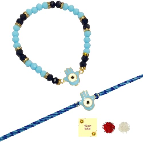 DMS RETAIL Evil Eye Couple Bracelet Rakhi Set For Bhaiya Bhabhi Raksha Bandhan Rakhi Bracelet Set for Brother Bhaiya Bhabhi Rakhi with Roli Tilak & Greetings Card