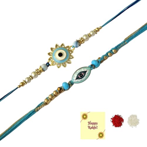 DMS RETAIL Handcrafted Design Evil Eye Rakhi For Brother And Bhabhi, Rakhi For Bhai, Kids Pack Of 2 With Roli Tilak And Greetings Card