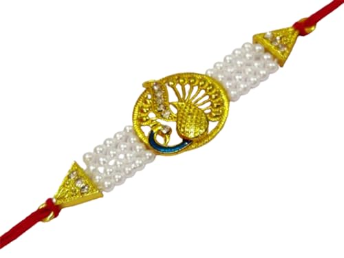 DMS RETAIL Simple Elegant PeacockThread Pearl Rakhi For Brother | Rakhi For Bhai | Rakhi For Bhaiya | Rakhi For Kids With Greetings Cards Roli Chawal Set Of 6 Rakhi