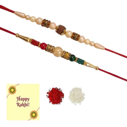 DMS RETAIL Set of 2 Pearl, Diamond, Rudraksha Designer Rakhis with Roli Chawal Pack - Rakhi for Brother, Bhaiya, Bhai