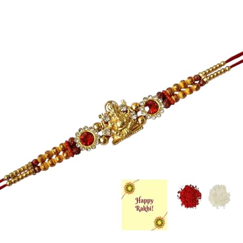 DMS RETAIL Golden Religious Designer Ganesha Flower Rakhi with Red Thread, and Roli Chawal Pack - Rakhi for Brother