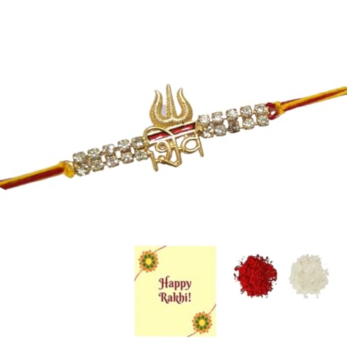 DMS RETAIL Diamond Studded Shiv Bracelet Rakhi For Brother Set Of 1 Rakhi With Roli Tilak And Greetings Card