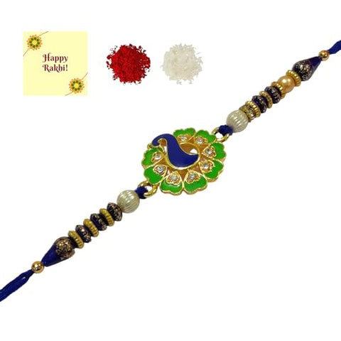 DMS RETAIL Soothing Peacock Rakhi Combo & Designer Gold Plated Premium Rakhi for Brother, Roli Chawal & Greeting Card|Rakhi for Bhaiya|Rakhi for MEN