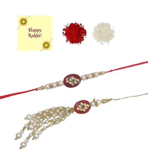 DMS RETAIL Bhaiya Bhabhi Meenakari Pearl Couple Rakhi Set| Couple Rakhi| Kundan Rakhi Raksha Bandhan Greeting CardRakhi For Brother Rakhi Gift Set Rakhi Combo Bhaiya Rakhi Combo Rakhi Set of 1