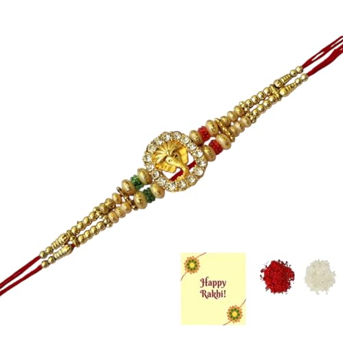 DMS RETAIL Mens Stunning Gold Plated Designer Brother's Ganesh Rakhi With Roli Chawal And Greeting Card
