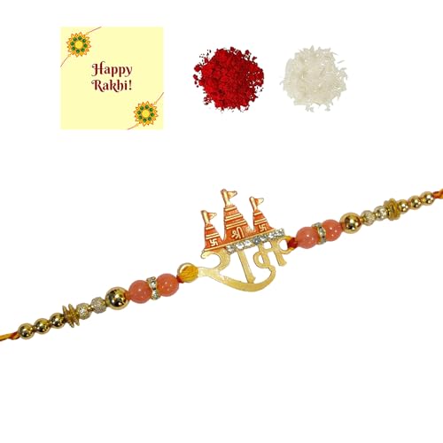 DMS RETAIL Simple Elegant Moli Thread Pearl Ram Rakhi For Brother | Rakhi For Bhai | Rakhi For Bhaiya | Rakhi For Kids With Greetings Cards Roli Chawal