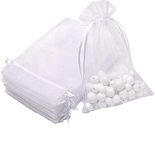 DMS RETAIL Plain Non Printed Clear - Organza Favor Jewellery Pouch, Shagun Potli Bags Drawstring Pouches For Wedding Plain Organza Bag Pouches Pack Of 20 Bags White (20X30 CMS)