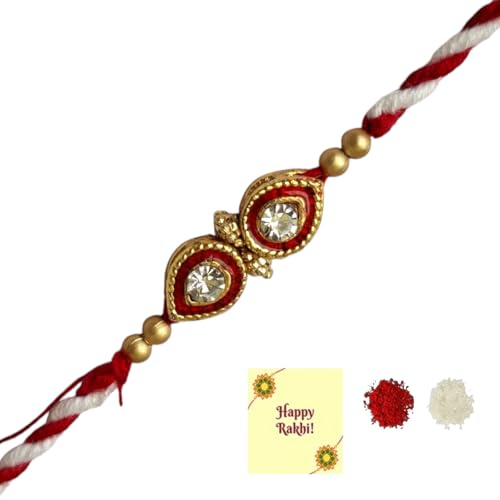 DMS RETAIL Rakshabandhan Kundan Rakhi Set for Brother Bhabhi Kids with Greeting Card,Stone Rakhi WIth Roli Tilak And Greetings Card