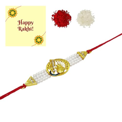 DMS RETAIL Traditional Peacock Rakhi with Roli Chawal and Raksha Bandhan Greeting Card For Men Set Of (1)