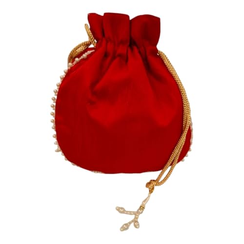 DMS RETAIL Potli | Beadwork Pear Wedding Potli | Beads Handle Potli | Wallet Potli | Christmas Gift Potli | Baby Shower Potli | Lucknowi Potli | Embroidery Potli (RED)