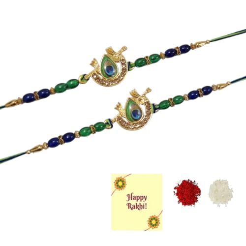 DMS RETAIL Multicolor Set of 2 Peacock and Flower Designer Kundan Rakhis with Roli Chawal Pack - Rakhis for Brothers With Greetings And Roli chawal