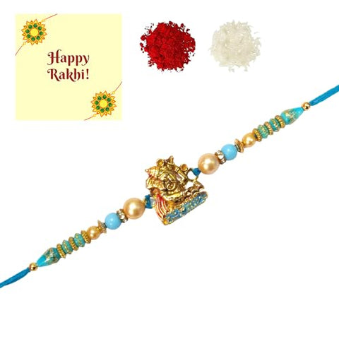 DMS RETAIL Blue Pearl And Beads Studded Ganesh Rakhi For Brother|Rakhi For Bhaiya Bhabhi With Greetings Card Rakshabandhan Festival Set Of 1