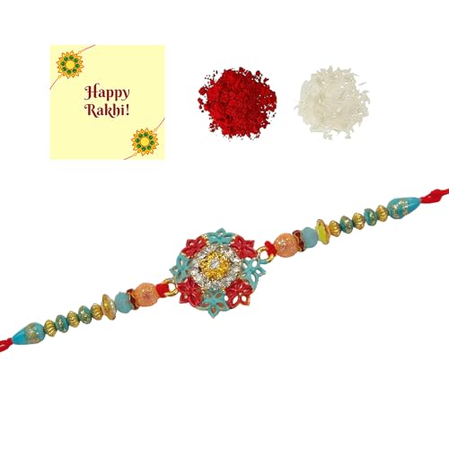 DMS RETAL Couple Rakhi for Bhaiya Bhabhi Raksha Bandhan Gift Band Moli Bracelet Stone Pearl Rakhi for Brother Rakhi with Roli Tilak Greetings Card