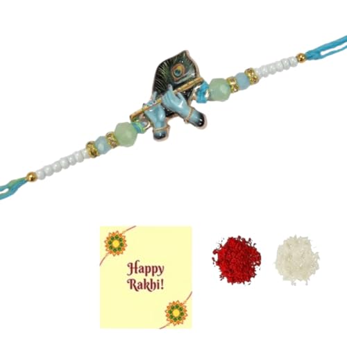 DMS RETAIL Traditional Rakhi For Brother Bhaiya Bhai Bracelet for Raksha Bandhan Krishna Flute Peacock Feather Rakhi With Roli Tilak Greetings Card