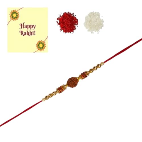 DMS RETAIL Auspicious Rudraksh Rakhi(Pack of 3) with Roli Chawal and Greeting Card for Brother/Bhai/Bhaiya/Kids