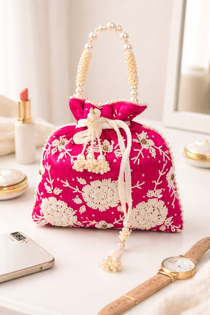 DMS RETAIL Velvet Women’s Hand Embroidered Pearl Work Potli Bag | Designer Silk Bridal Clutch with Beaded Handle & Tassel | Ethnic Wedding Potli Purse for Ladies