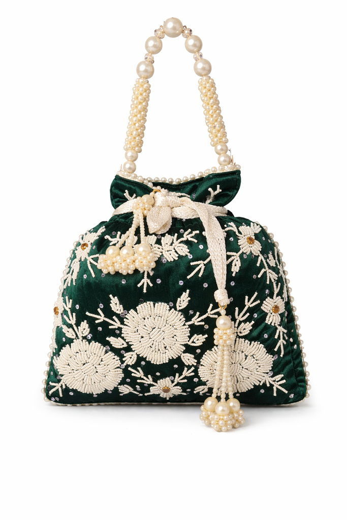 DMS RETAIL Velvet Women’s Hand Embroidered Pearl Work Potli Bag | Designer Silk Bridal Clutch with Beaded Handle & Tassel | Ethnic Wedding Potli Purse for Ladies