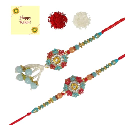 DMS RETAL Couple Rakhi for Bhaiya Bhabhi Raksha Bandhan Gift Band Moli Bracelet Stone Pearl Rakhi for Brother Rakhi with Roli Tilak Greetings Card