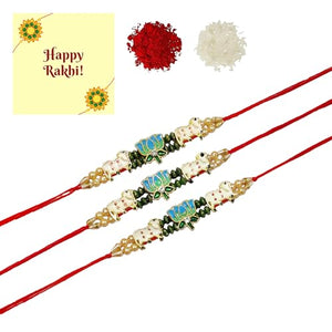 DMS RETAIL Set Of 3 Rakhi For Brother Pearl Rakhi For Brother With Roli Chawal And Greetings Card