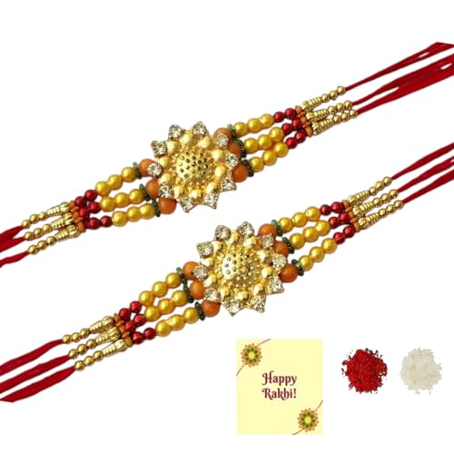 Multicolor Beautiful Floral Designer Kundan Rakhi with Roli Chawal