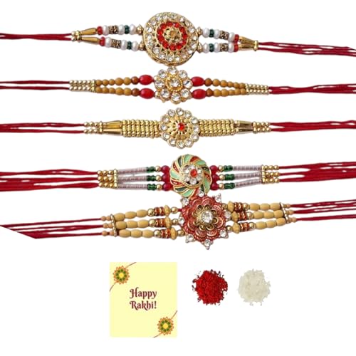 DMS RETAIL Set of 5 Floral Kundan Rakhi for Bhaiya Bhai Boy Raksha Bandhan Designer Meenakari Rakhi Greeting Card And Roli Tilak