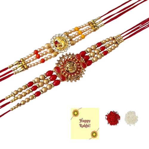DMS RETAIL Special combo of 2 Ganesh Rakhi For Brother Om Ganesh Swastik Rakhi with Roli Chawal and Raksha Bandhan Greeting Card For Men