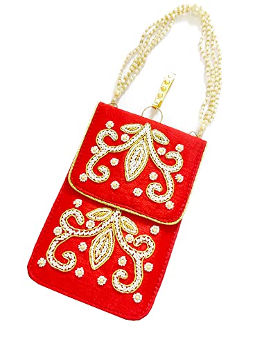 DMS RETAIL Pearl Embroidered Designer Ethnic Mobile Pouch for Women|Return Gift for Ldies|Mobile Clutch Purse with Waist Clip and Pearl Drawstring (RED)