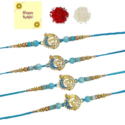 DMS RETAIL Antique Finish Blue Pearl Studded Peacock Veera Metal Rakhi for Brother - Combo Set of 4 Fancy Rakhis for Raksha Bandhan With Roli Chawal And Greetings Card