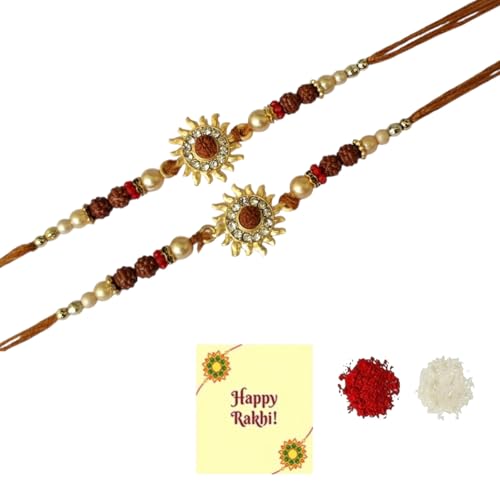 DMS RETAIL Thread Elegant Sun Surya Suraj Shape Rudraksh Rakhi for Beloved Brother & Gifting with Roli Chawal Packets & Happy Rakshabandhan Card for Brother Rakhi Set Of 2