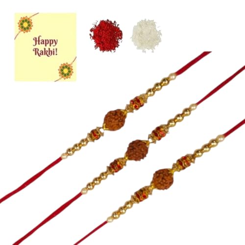 DMS RETAIL Auspicious Rudraksh Rakhi(Pack of 3) with Roli Chawal and Greeting Card for Brother/Bhai/Bhaiya/Kids