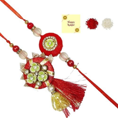 DMS RETAI Bhaiya Bhabhi Floral Rakhi Set| Couple Rakhi| Kundan Rakhi| with Roli Chawal and Raksha Bandhan With Roli Chawal And Greetings Card