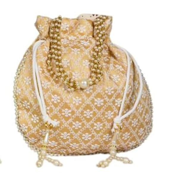 DMS RETAIL Chikankari Pattern Moti Handle Royal Batwa Bag Bridal Purse Women handbag Shagun Pouch Return Gifts for Ladies Women Wedding Return Gift Bags