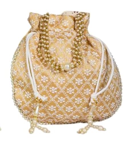 DMS RETAIL Chikankari Raw Silk drawstring Rajasthani Style Potli bags, Royal Clutch, Bridal Purse for Wedding, Batwa Bag, Shagun Potli Purse for Women, Potli bag for ladies return gift (OFF WHITE)