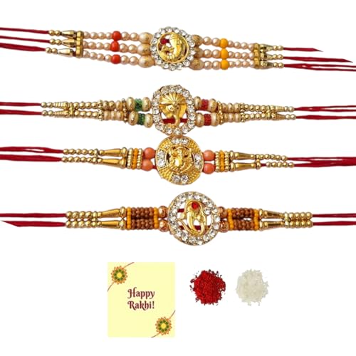 DMS RETAILCombo of 4 Different Pattern Ganesh Om Swastik Rakhi for Men Bhaiya Bhabhi Rakhi Rakshabandhan Elegant Bracelet for Brother