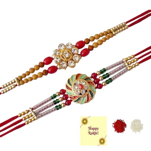 DMS RETAIL Stylish Rakhi Floral Combo (Set of 2) with Roli Chawal and Raksha Bandhan Greeting Card For Men
