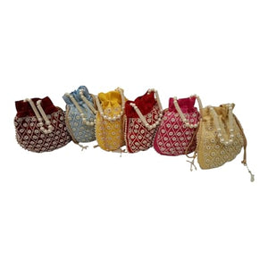 DMS RETAIL Handmade Embroidery Potli | Embellished Satin Wristlet Bag for Women & Girls | Batwa Wallet | Clutch Bags for Return Gifts | Drawstring Closure Potli|Pearl Potli