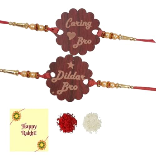 DMS RETAIL Wooden Swag Rakhi Set oF 2 Dildar Bro Caring Bro Rakhi For Brother With Roli Tilak Greetigs Card