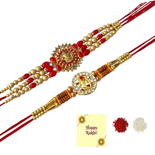 DMS RETAIL Rakhi For Brother Set Of 2 Simple Traditional Rakhi and Ganesha Om Swastik Dora Moli Set With Roli Tilak And Greetings Card For Men (COMBO31)