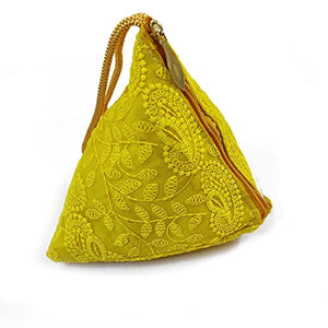 DMS RETAIL Lucknowi Embroidered Potli Bags in Samosa Shape Potli Pouches, Return Gifts for Women, Shagun Potli Purse for Gifting, Potli Bags for Ladies (Yellow)