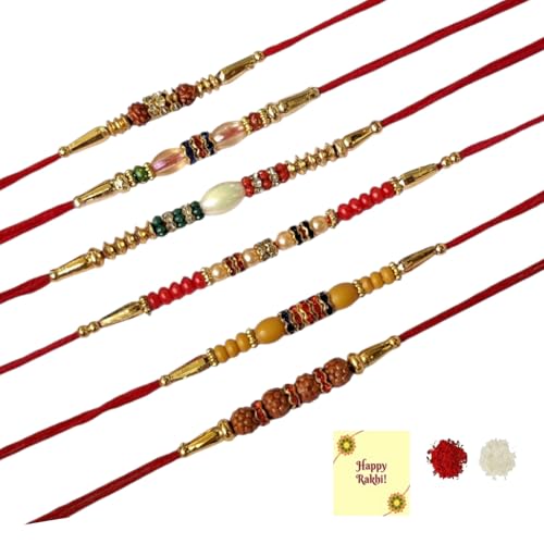 DMS RETAIL Set Of 6 Rudraksh Beads Rakhi For Brother With Roli Tilak And Greetings Card