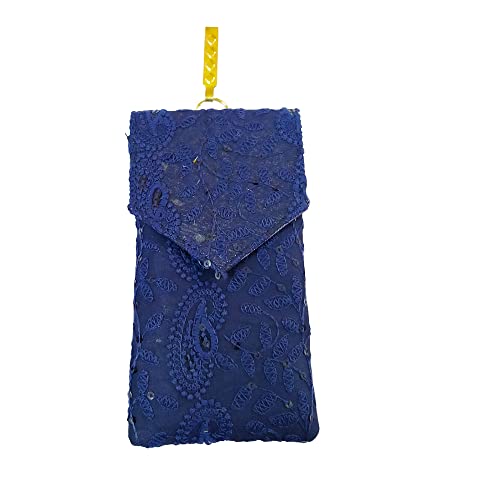 DMS RETAIL Multicolored Embroidered Lucknowi Mobile Pouch for Women with Waist Clip and Belt (Blue)